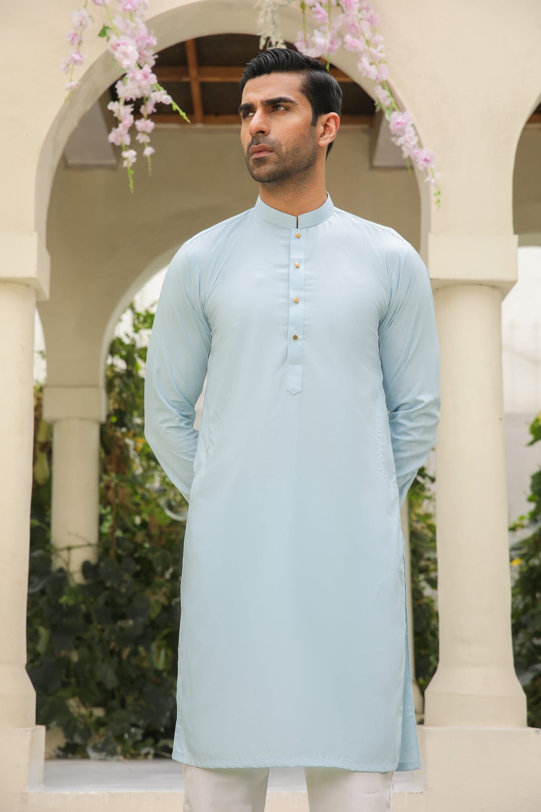 Muraqsh Ready To Wear Solids Cotton Men Sky Blue Kurta with White Trouser MURBKTW-PLAIN - Summer Collection