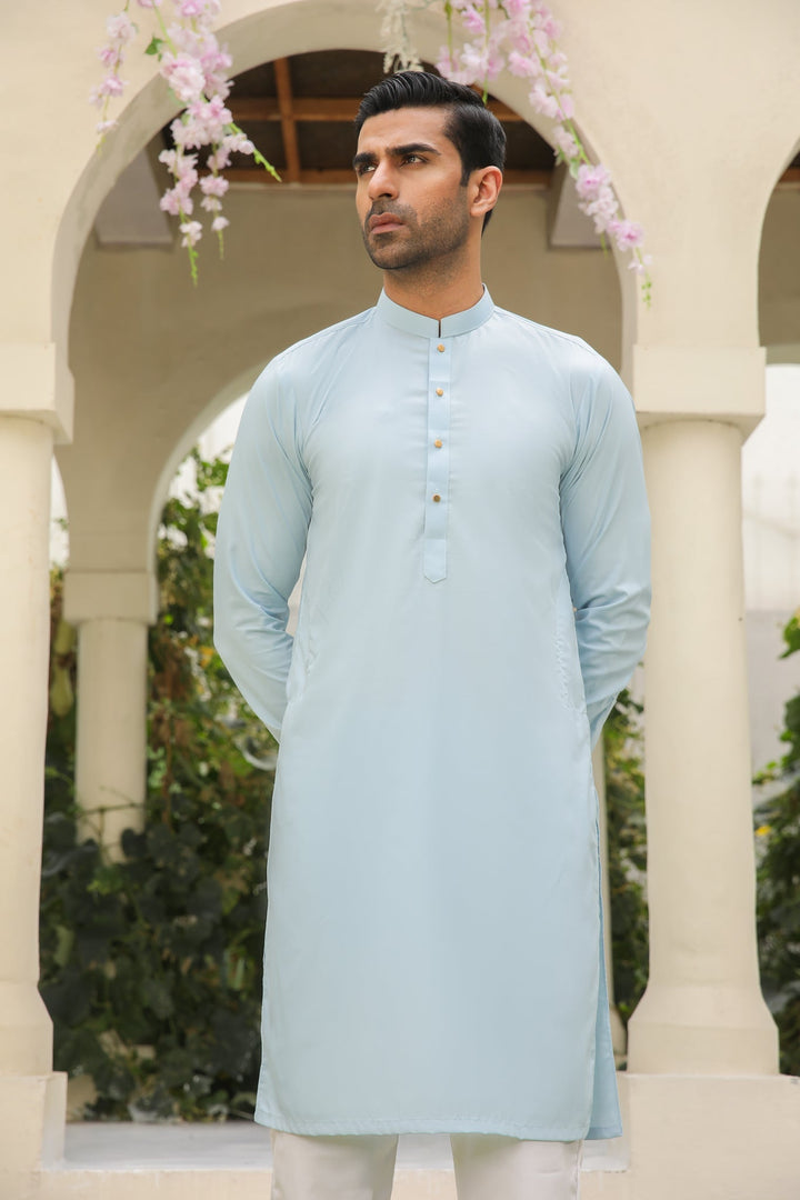 Muraqsh Ready To Wear Solids Cotton Men Sky Blue Kurta with White Trouser MURBKTW-PLAIN - Summer Collection