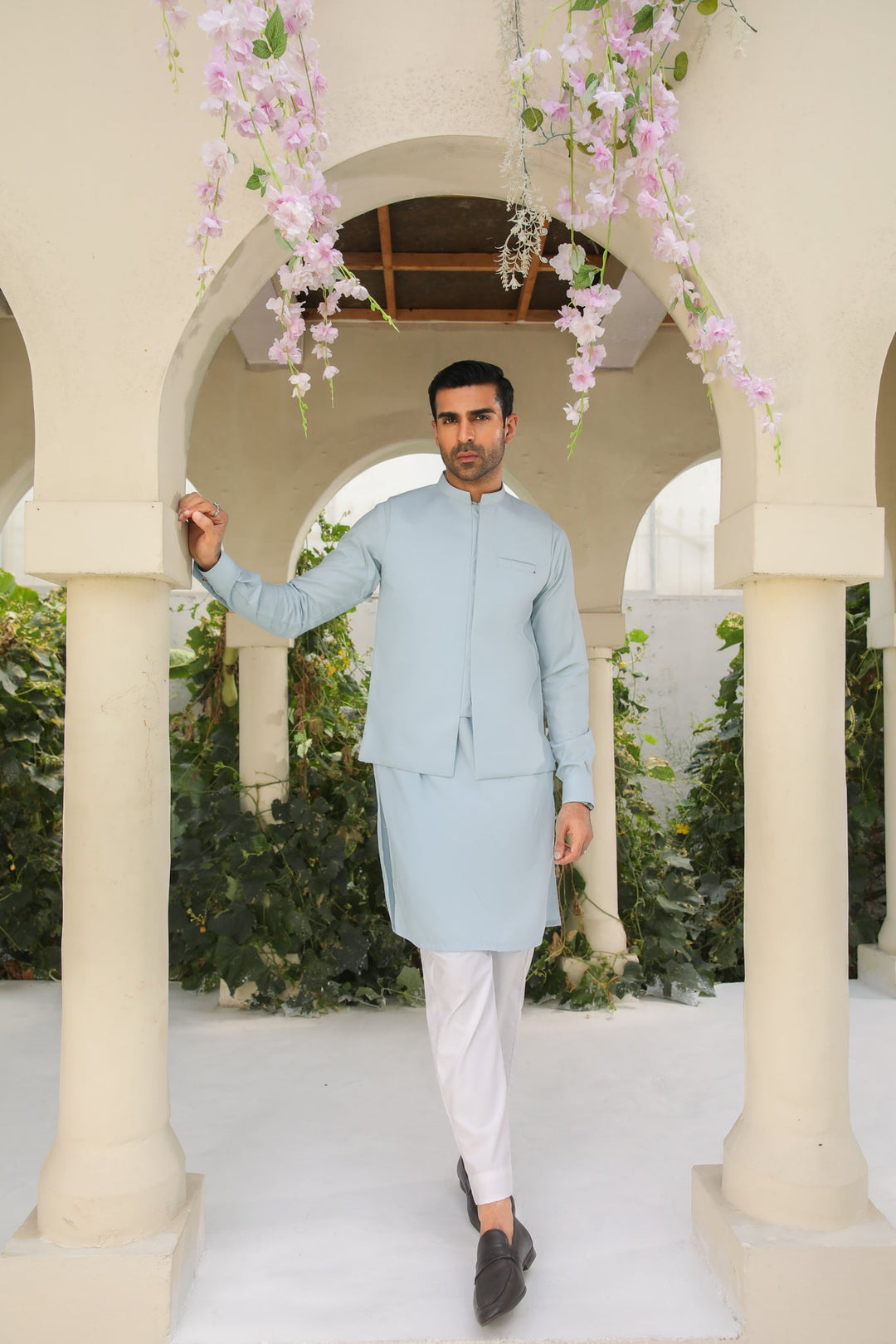 Muraqsh Ready To Wear Solids Cotton Men Sky Blue Kurta Trouser with Blended Waistcoat MURBKTW - Summer Collection