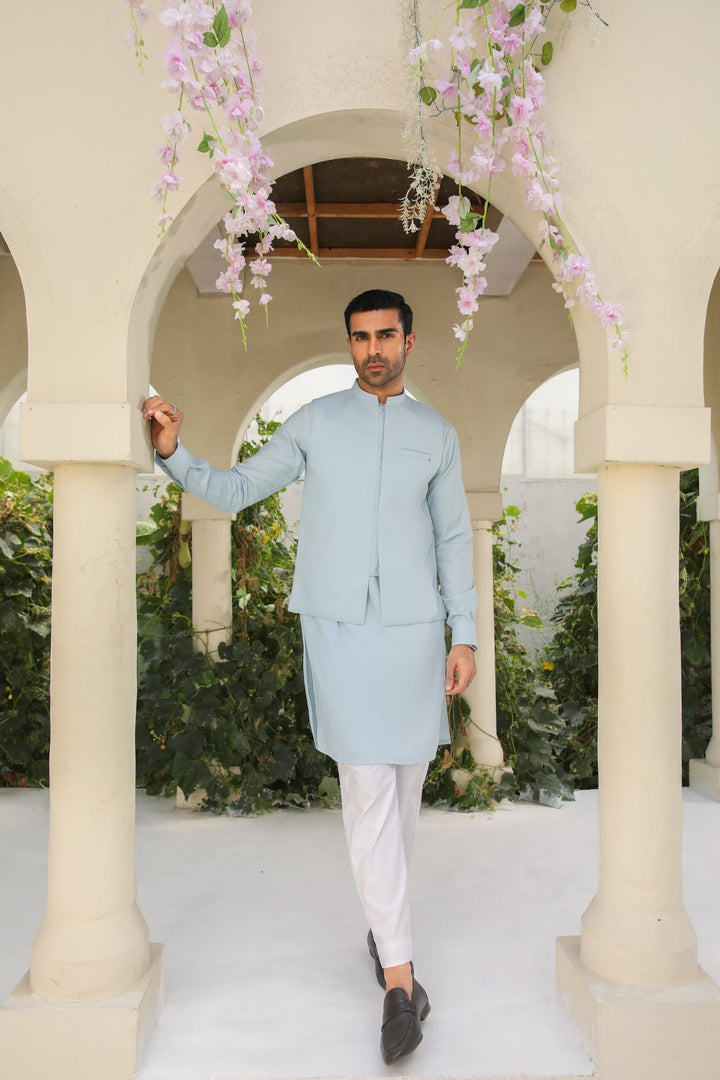 Muraqsh Ready To Wear Solids Cotton Men Sky Blue Blended Waistcoat Straigth Cut MURBKTW-WC - Summer Collection