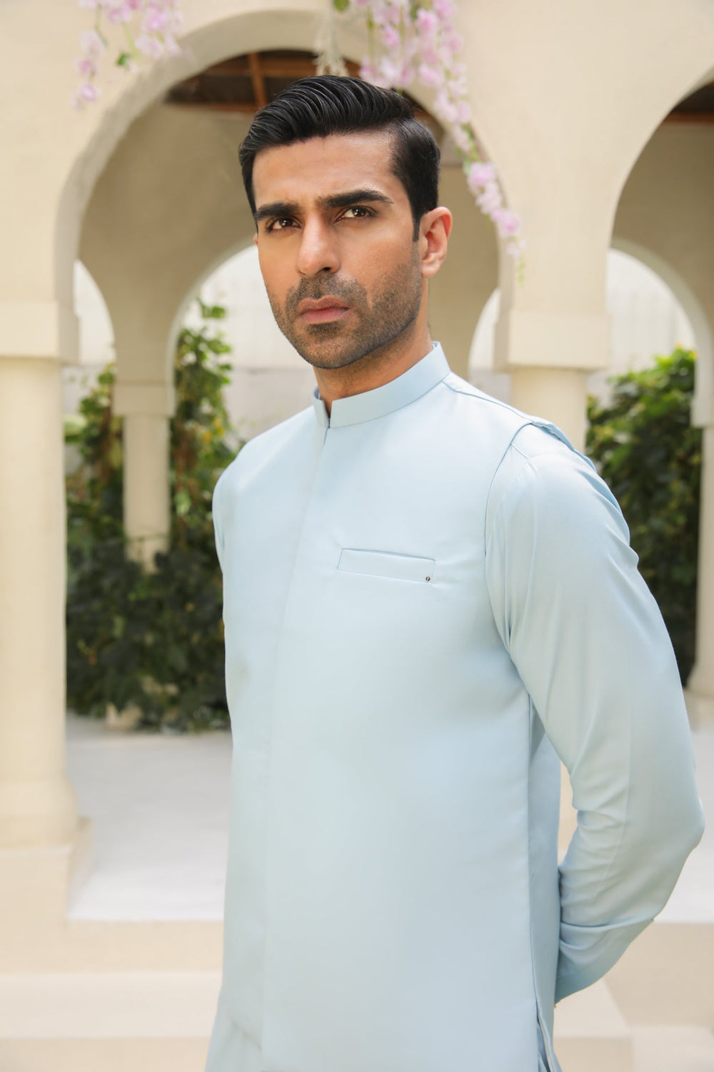 Muraqsh Ready To Wear Solids Cotton Men Sky Blue Blended Waistcoat Straigth Cut MURBKTW-WC - Summer Collection