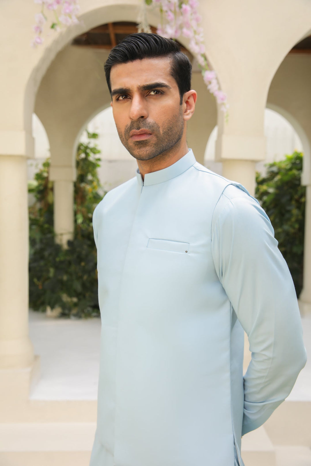 Muraqsh Ready To Wear Solids Cotton Men Sky Blue Kurta Trouser with Blended Waistcoat MURBKTW - Summer Collection