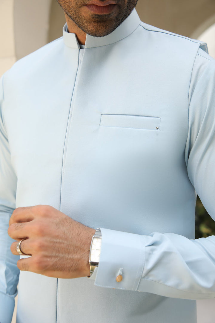 Muraqsh Ready To Wear Solids Cotton Men Sky Blue Kurta Trouser with Blended Waistcoat MURBKTW - Summer Collection