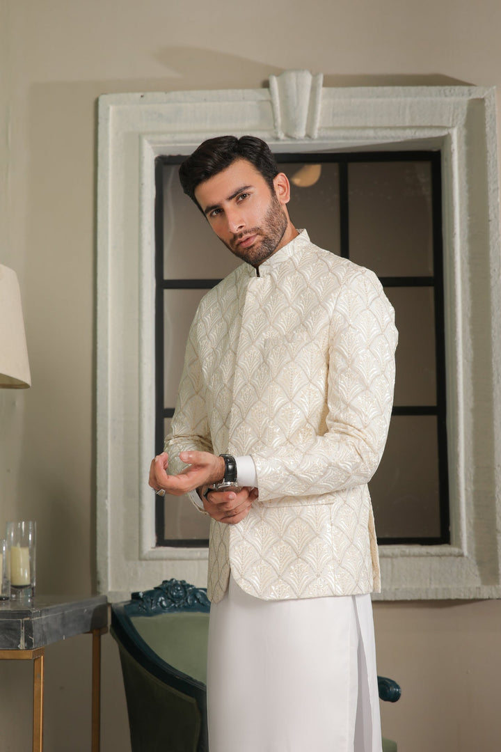 Muraqsh Ready To Wear  Cotton Men Off White Kurta Trouser with Sequin Embroidered Prince Coat ABD-OWEPC - Summer Collection