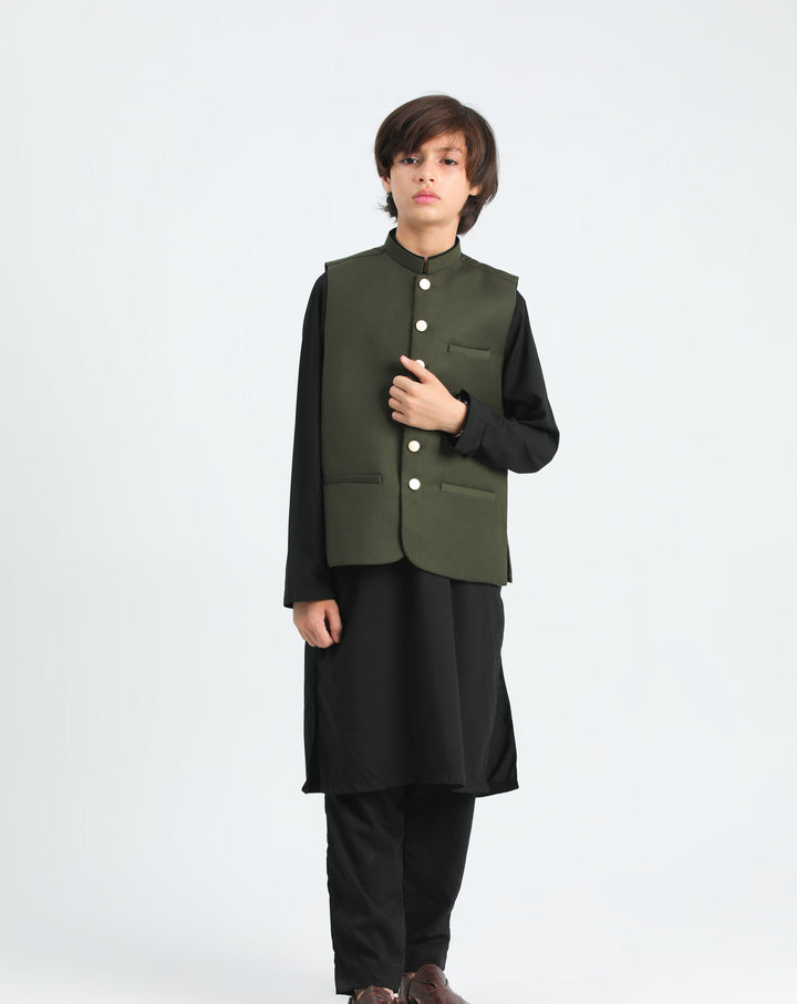 Muraqsh Ready To Wear Solids Cotton Boys Black Kurta Trouser with Army Green Suiting Waistcoat MUR-3P - Summer Collection