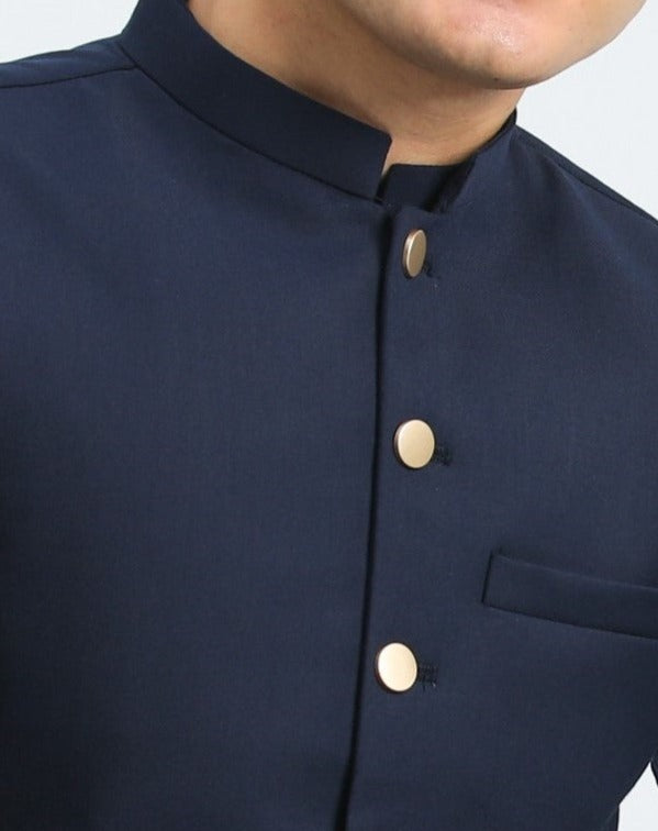 Muraqsh Ready To Wear Solids Cotton Men Off White Kameez Shalwar with Navy Blue Suiting Waistcoat Round Cut MUR-BO-KS - Summer Collection