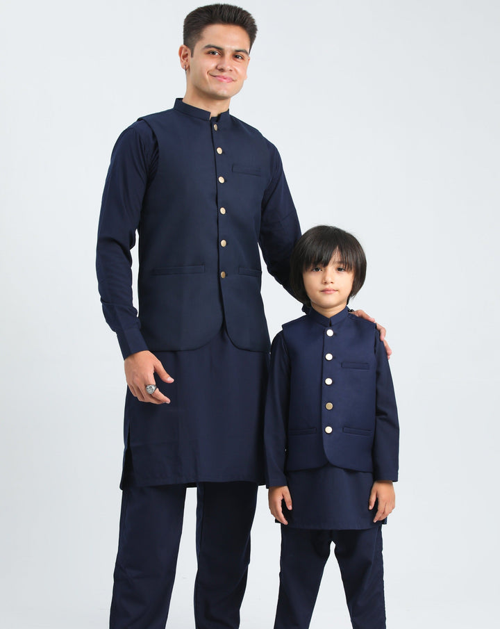 Muraqsh Ready To Wear Solids Cotton Men Navy Blue Kameez Shalwar with Suiting Waistcoat Round Cut MUR-ANB-KS - Summer Collection