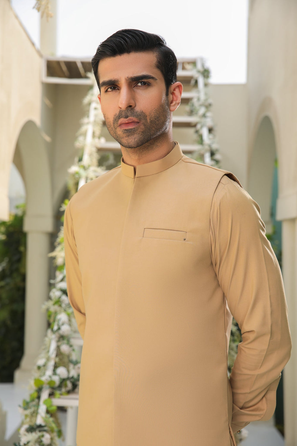 Muraqsh Ready To Wear Solids Cotton Men Camel Kameez Shalwar with Blended Waistcoat MUR-CKSWW - Summer Collection