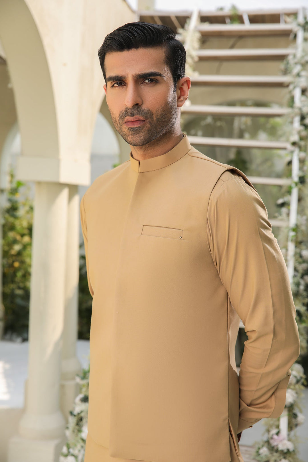 Muraqsh Ready To Wear Solids Cotton Men Camel Kameez Shalwar with Blended Waistcoat MUR-CKSWW - Summer Collection
