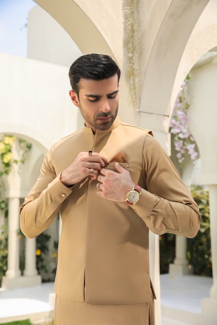 Muraqsh Ready To Wear Solids Cotton Men Camel Kameez Shalwar with Blended Waistcoat MUR-CKSWW - Summer Collection