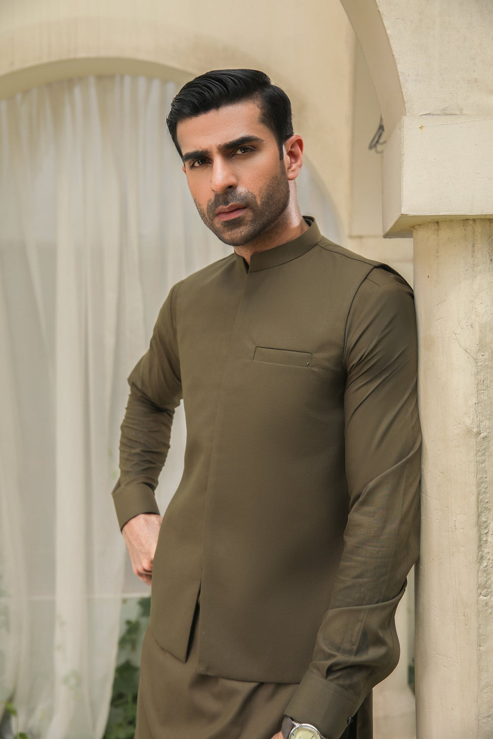 Muraqsh Ready To Wear Solids Cotton Men Olive Green Blended Waistcoat Straigth Cut MUR-OGKSW-WC - Summer Collection