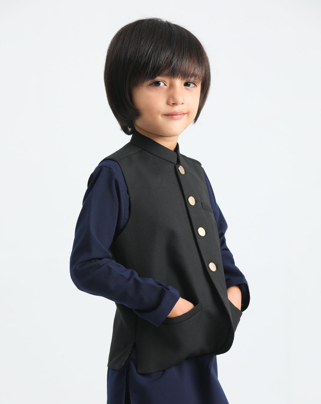 Muraqsh Ready To Wear Solids Cotton Boys Navy Blue Kurta Trouser with Black Suiting Waistcoat MUR-PBAB - Summer Collection