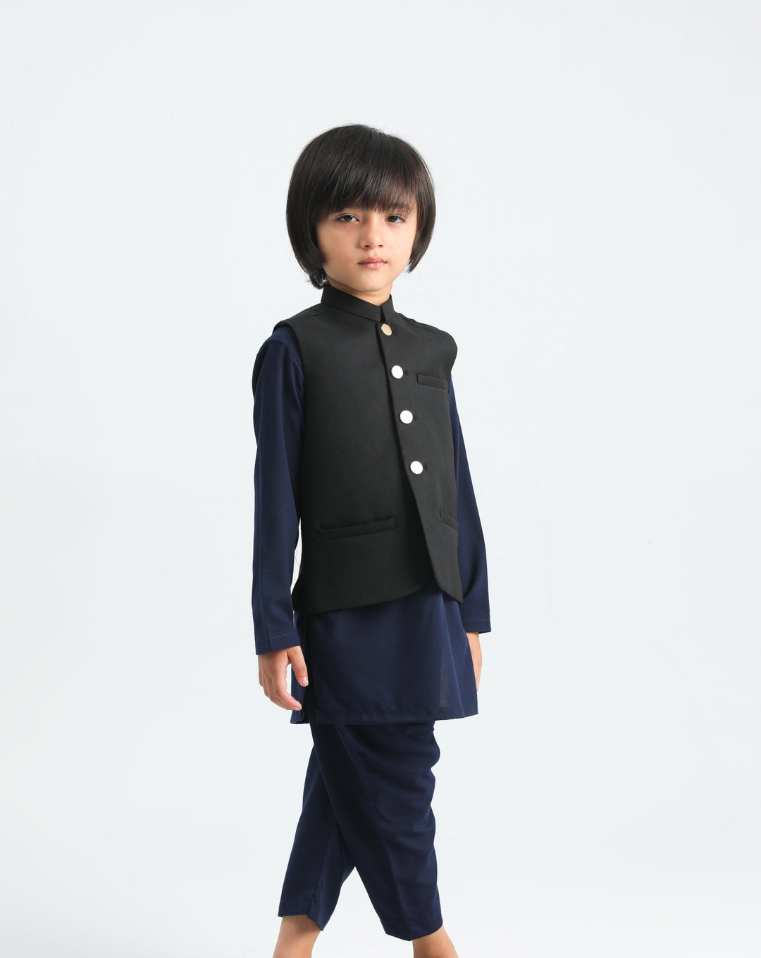 Muraqsh Ready To Wear Solids Cotton Boys Navy Blue Kurta Trouser with Black Suiting Waistcoat MUR-PBAB - Summer Collection