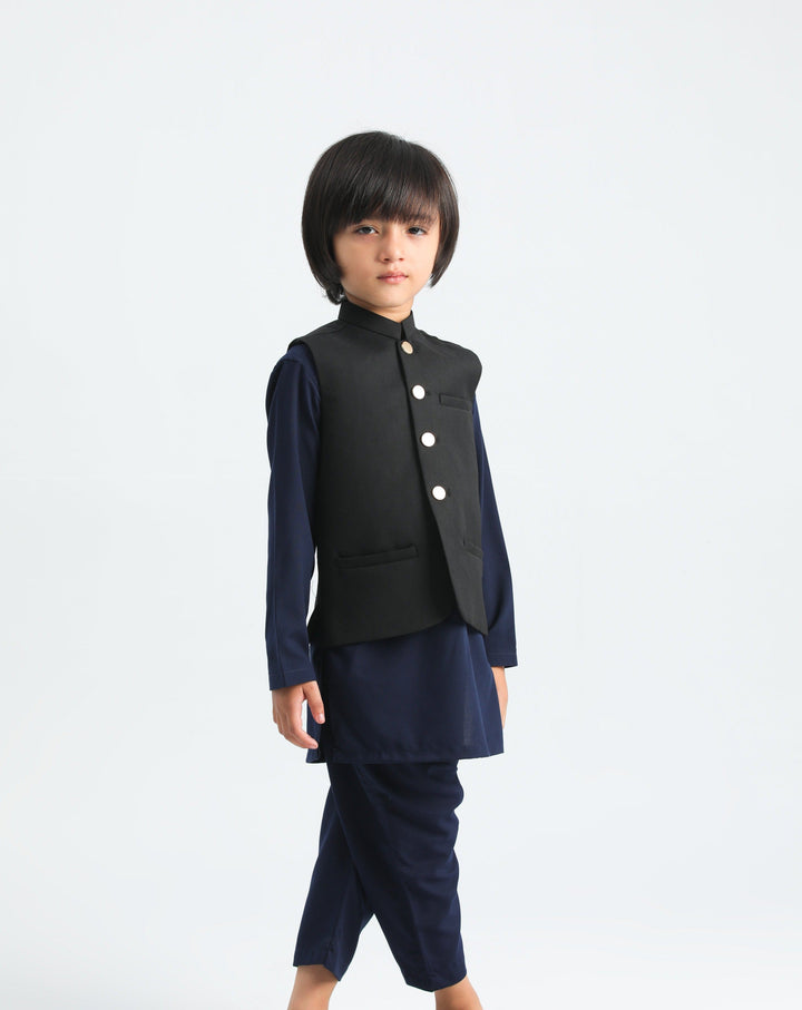 Muraqsh Ready To Wear Solids Cotton Boys Navy Blue Kurta Trouser with Black Suiting Waistcoat MUR-PBAB - Summer Collection