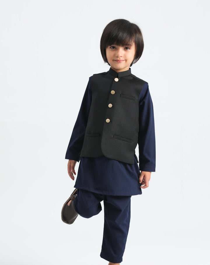 Muraqsh Ready To Wear Solids Cotton Boys Navy Blue Kurta Trouser with Black Suiting Waistcoat MUR-PBAB - Summer Collection