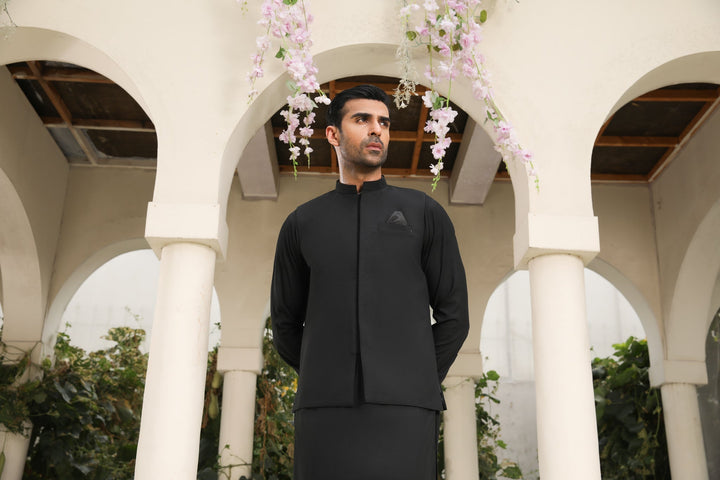 Muraqsh Ready To Wear Solids Cotton Men Midnight Black Kameez Shalwar with Blended Waistcoat MURBKSW - Summer Collection