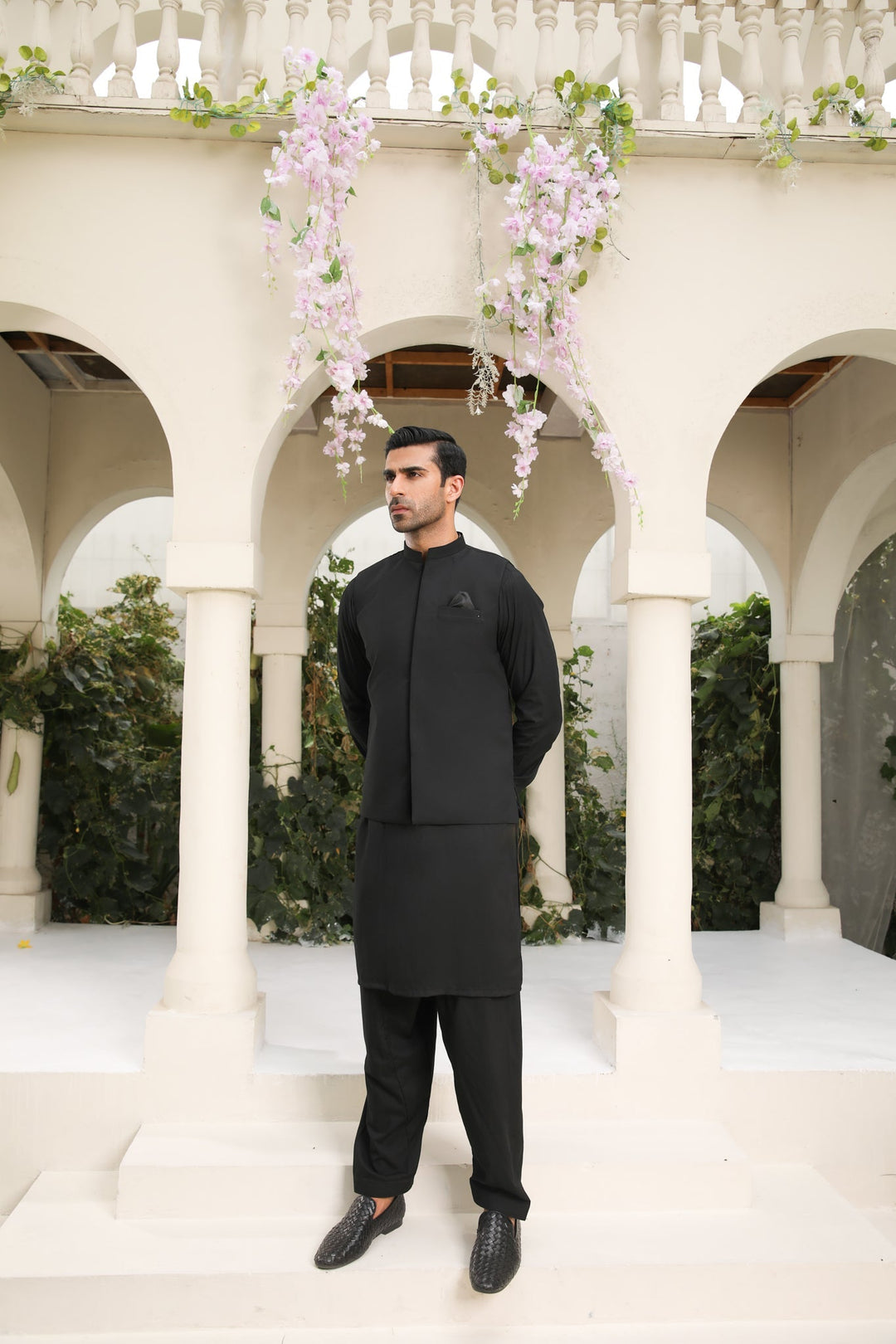 Muraqsh Ready To Wear Solids Cotton Men Midnight Black Kameez Shalwar with Blended Waistcoat MURBKSW - Summer Collection