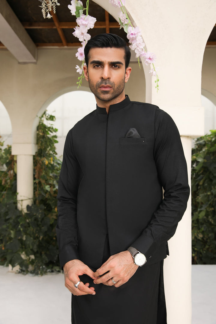 Muraqsh Ready To Wear Solids Cotton Men Midnight Black Kameez Shalwar with Blended Waistcoat MURBKSW - Summer Collection