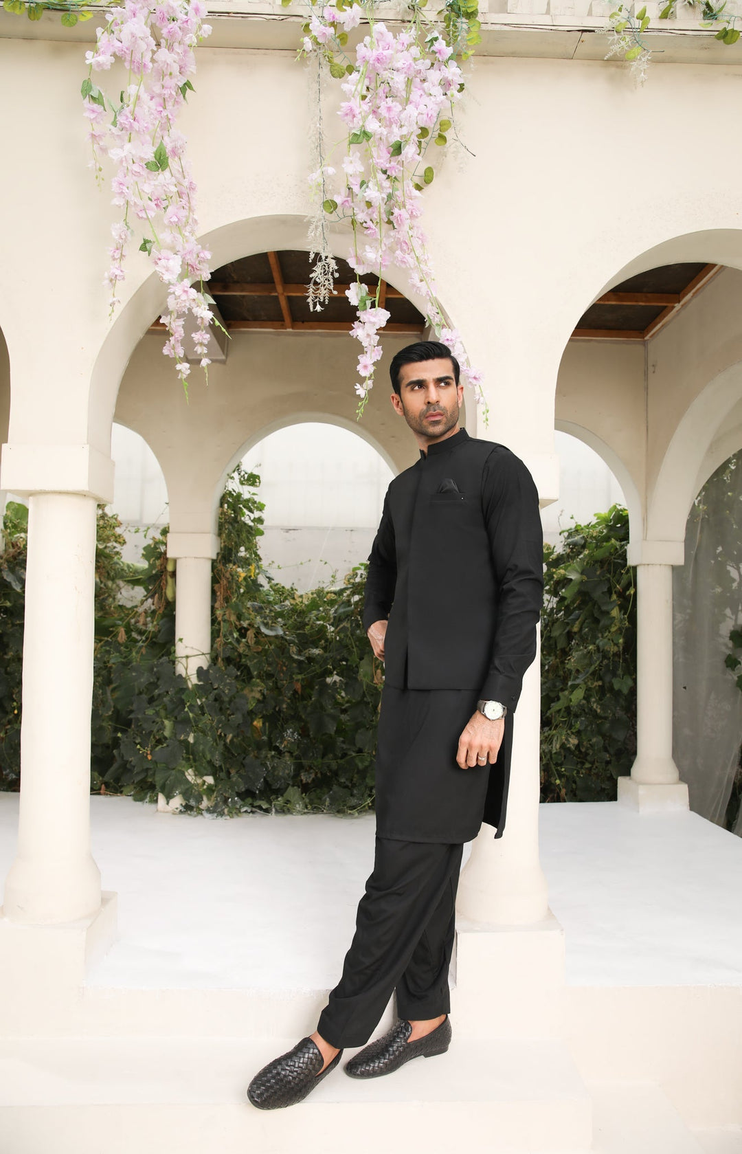 Muraqsh Ready To Wear Solids Cotton Men Midnight Black Kameez Shalwar with Blended Waistcoat MURBKSW - Summer Collection