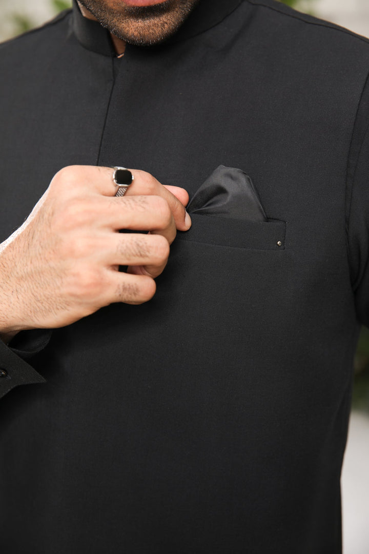 Muraqsh Ready To Wear Solids Cotton Men Midnight Black Blended Waistcoat Straigth Cut MURBKSW-WC - Summer Collection