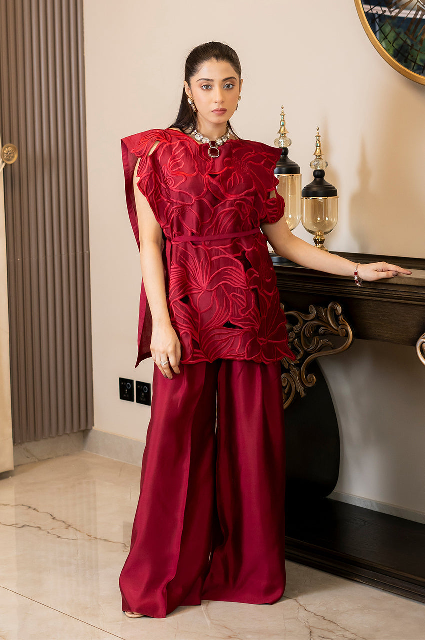 Liyaana From Nizka By Nida Rehan RTW Embroidered Pure Silk 2 Piece Suit Crimson Luxe - Festive Collection
