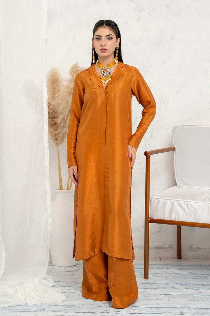Liyaana From Nizka By Nida Rehan RTW Solids Butter Silk 2 Piece Suit Sienna Gold - Festive Collection