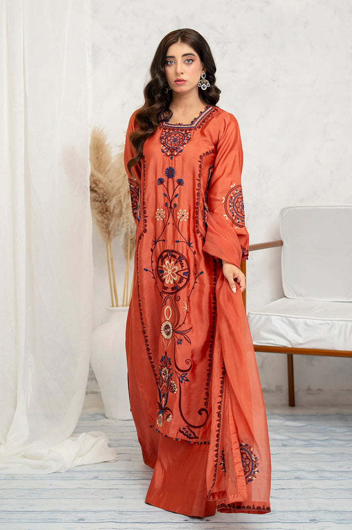 Liyaana From Nizka By Nida Rehan RTW Embroidered Khaddi Silk 3 Piece Suit Tangerine Heritage - Festive Collection