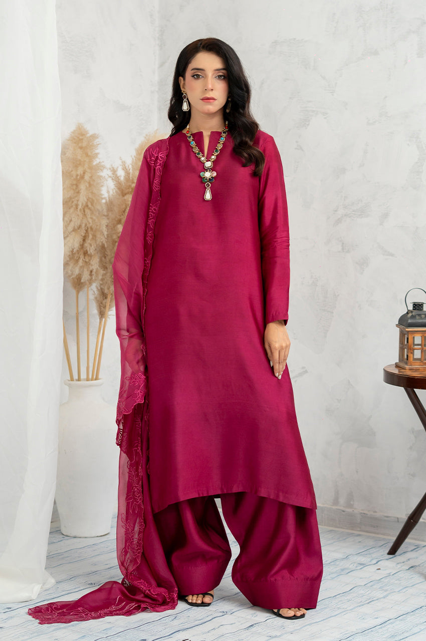 Liyaana From Nizka By Nida Rehan RTW Solids Luxury Silk Blend 2 Piece Suit Ruby Aura - Festive Collection