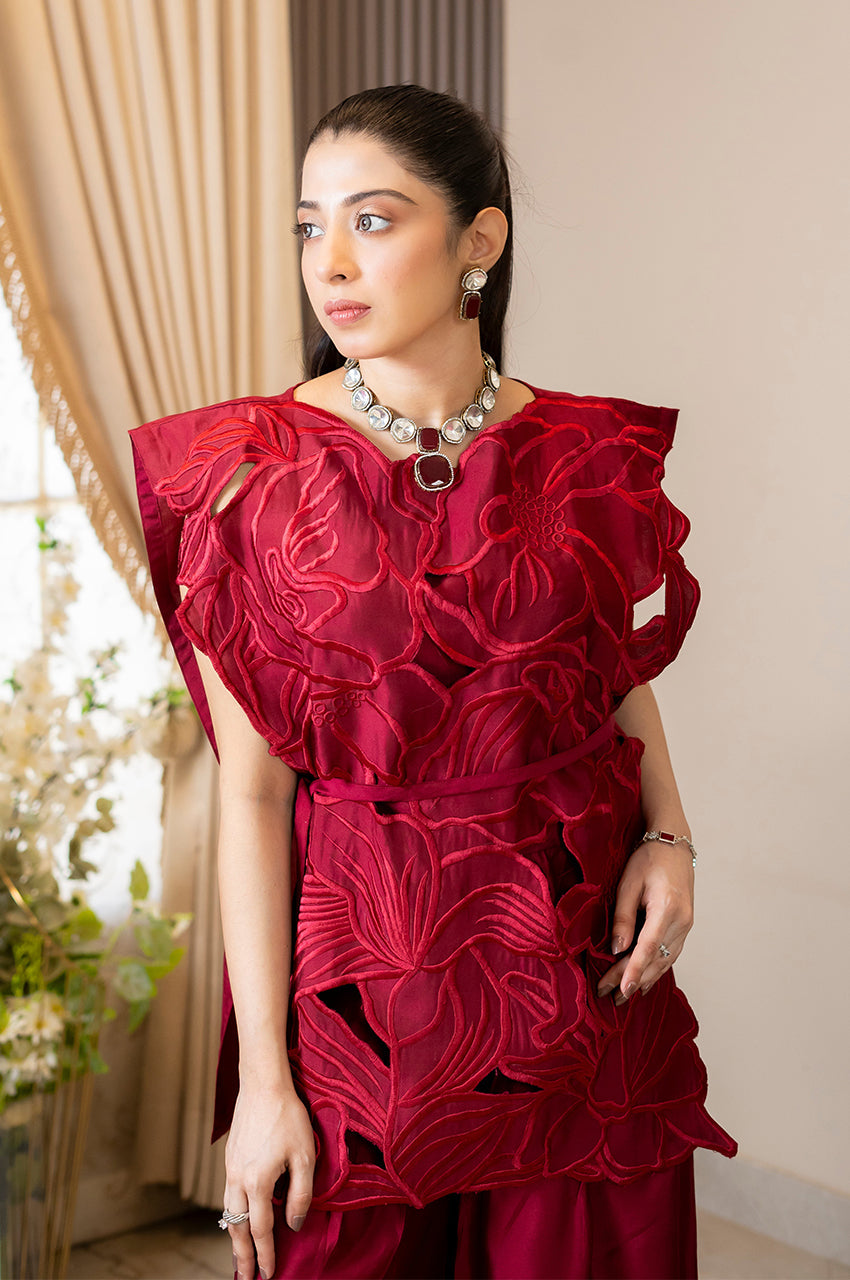 Liyaana From Nizka By Nida Rehan RTW Embroidered Pure Silk 2 Piece Suit Crimson Luxe - Festive Collection