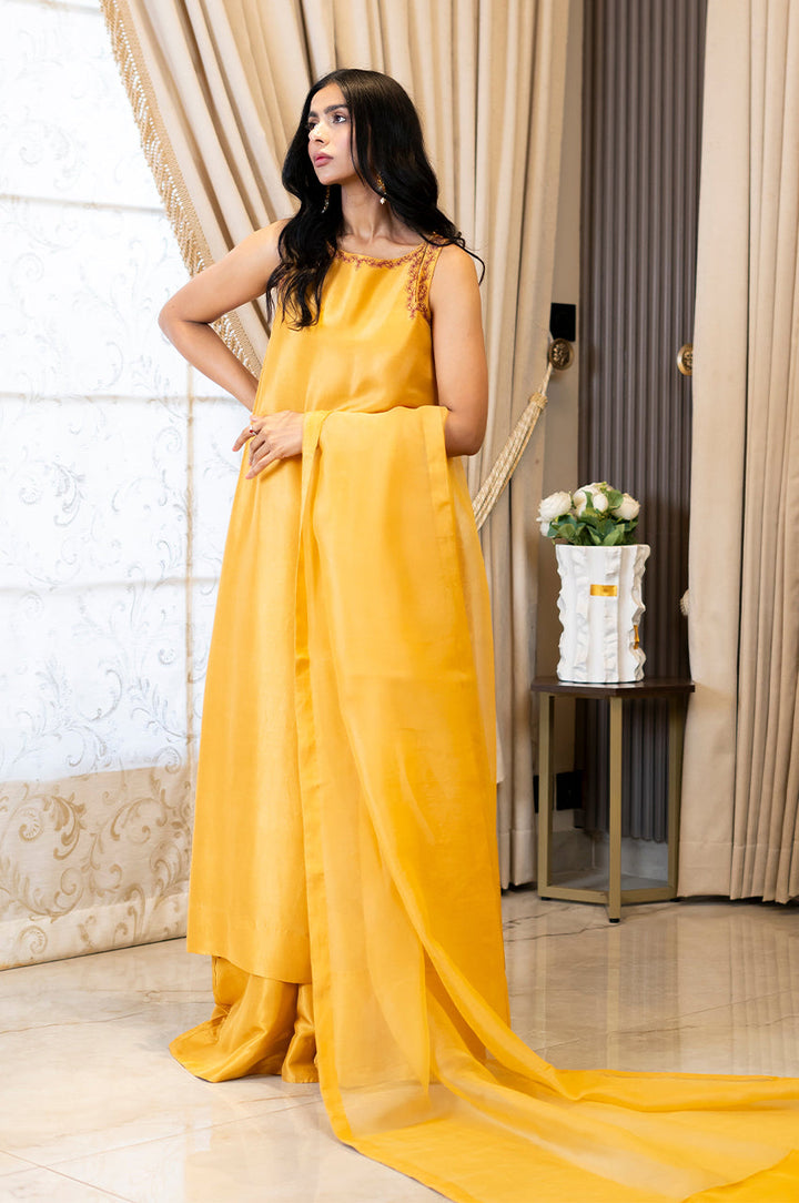 Liyaana From Nizka By Nida Rehan RTW Solids Silk 2 Piece Suit Golden Aura - Festive Collection