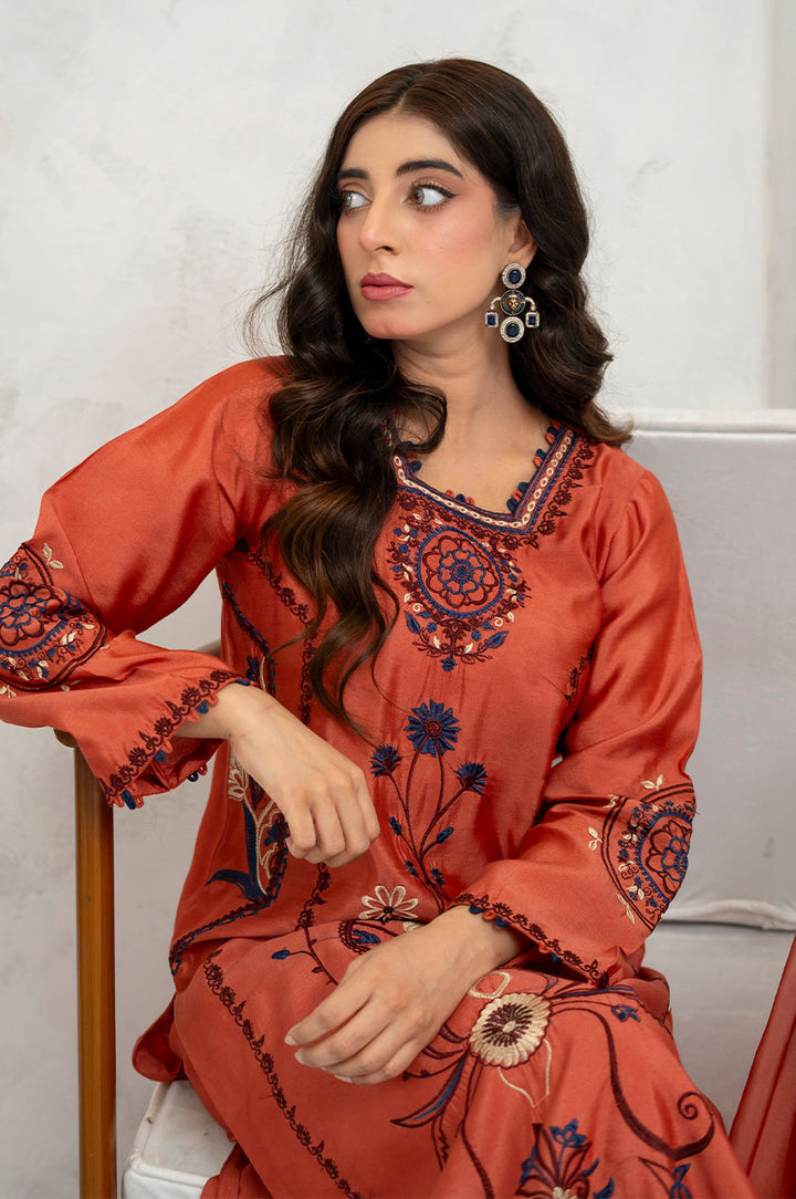Liyaana From Nizka By Nida Rehan RTW Embroidered Khaddi Silk 3 Piece Suit Tangerine Heritage - Festive Collection
