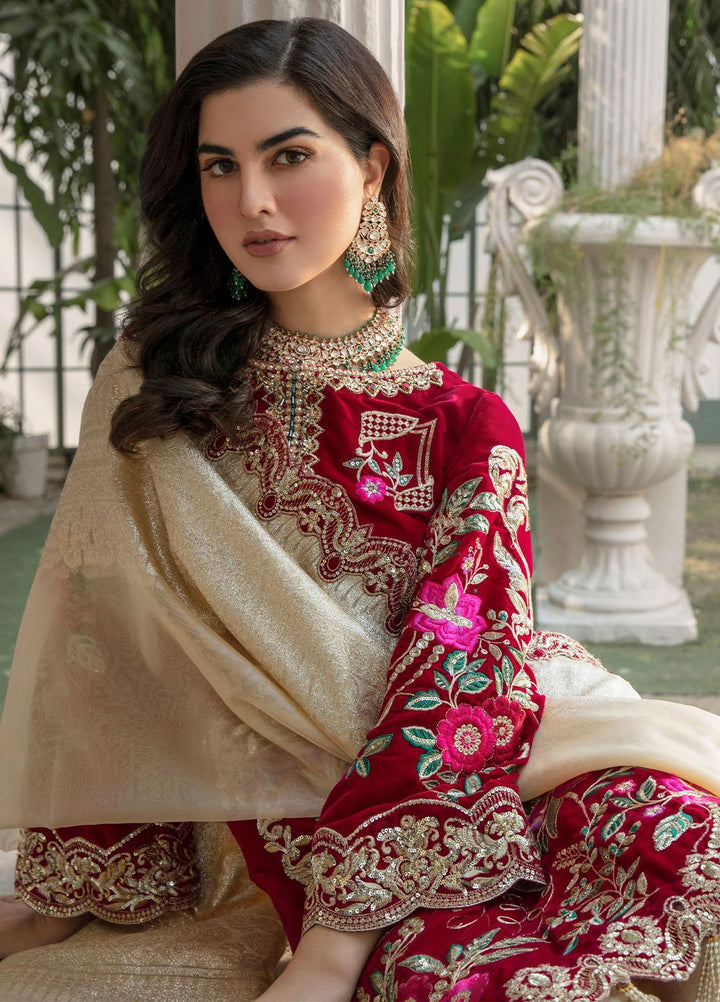 De Velour By Imrozia Premium Embroidered Velvet Suits Unstitched 3 Piece IMP22DV I.V-14 Blood Stone - Luxury Collection