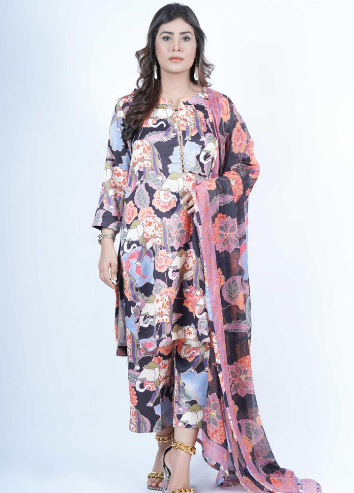 Vibgyor Fashion Pret Formal Corduroy 3 Piece Suit D10-C2-23S FLORAL MUGHAL BLACK