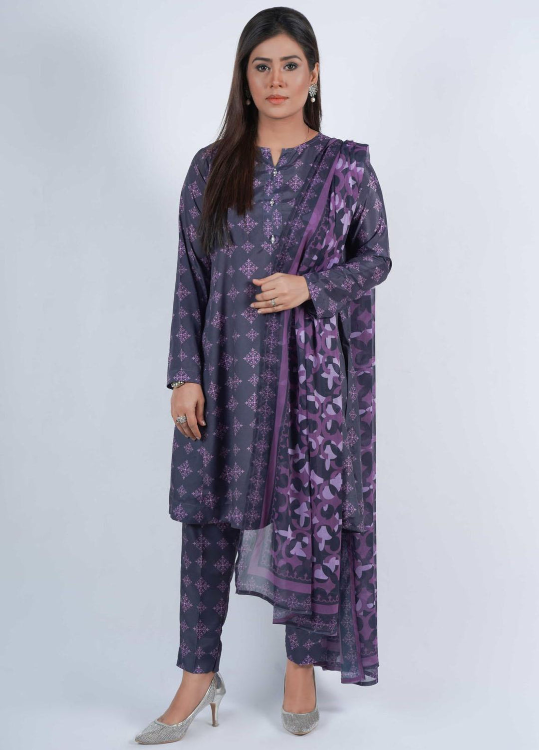 Vibgyor Fashion Pret Formal Silk 3 Piece Suit D3-C1-23S MONOCHROMATOSE NAVY BLUE