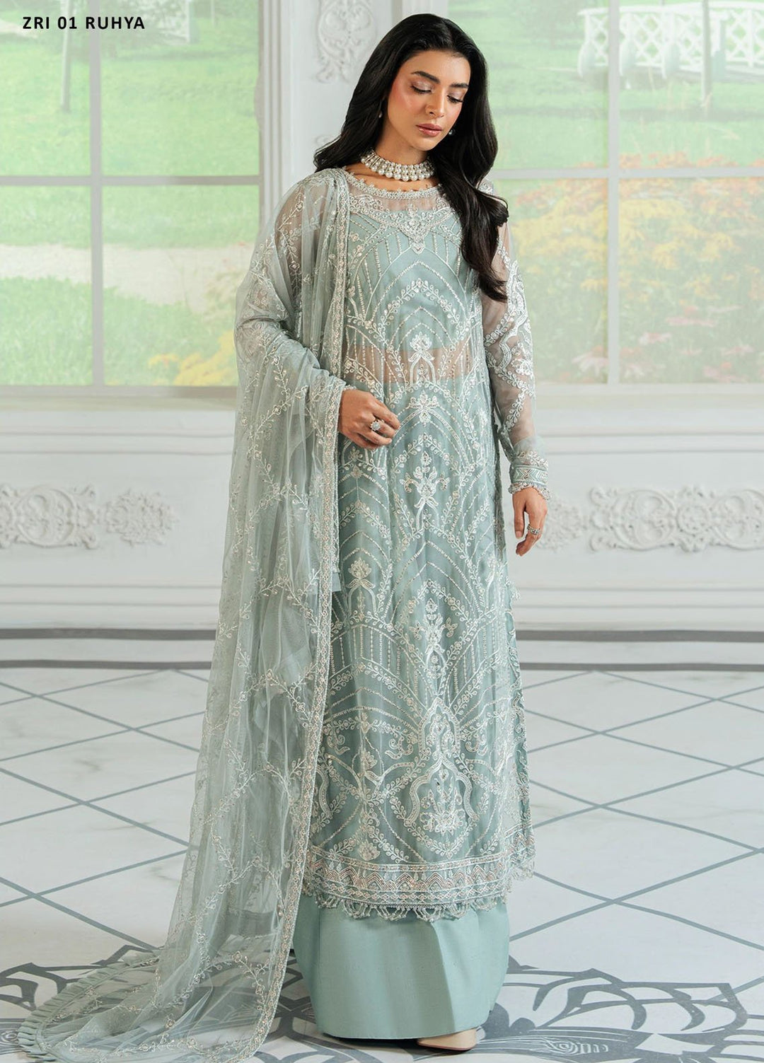 Inara by Zarif Embroidered Net Suits Unstitched 3 Piece ZR25UF ZRI-01 Ruhya - Formals Collection