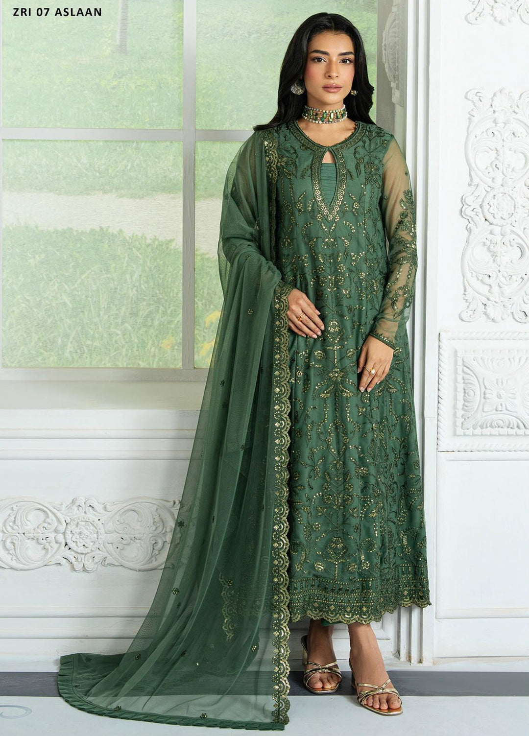 Inara by Zarif Embroidered Net Suits Unstitched 3 Piece ZR25UF ZRI-07 Aslaan - Formals Collection