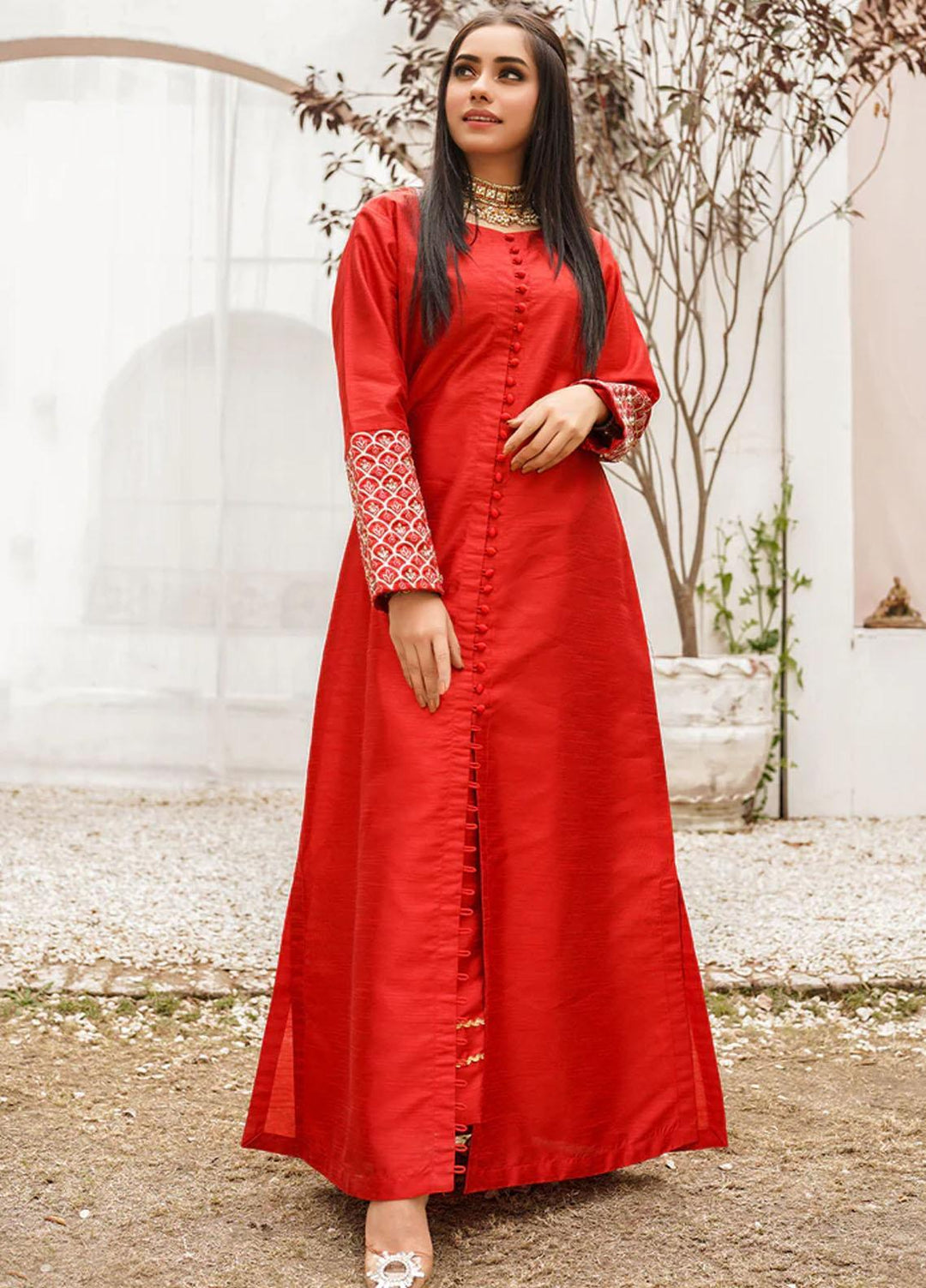 Insiya Clothing Pret  Raw Silk 2 Piece Dress INS23SP CHERRY RED