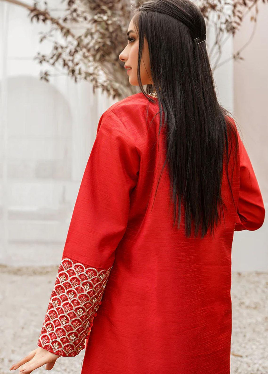 Insiya Clothing Pret  Raw Silk 2 Piece Dress INS23SP CHERRY RED