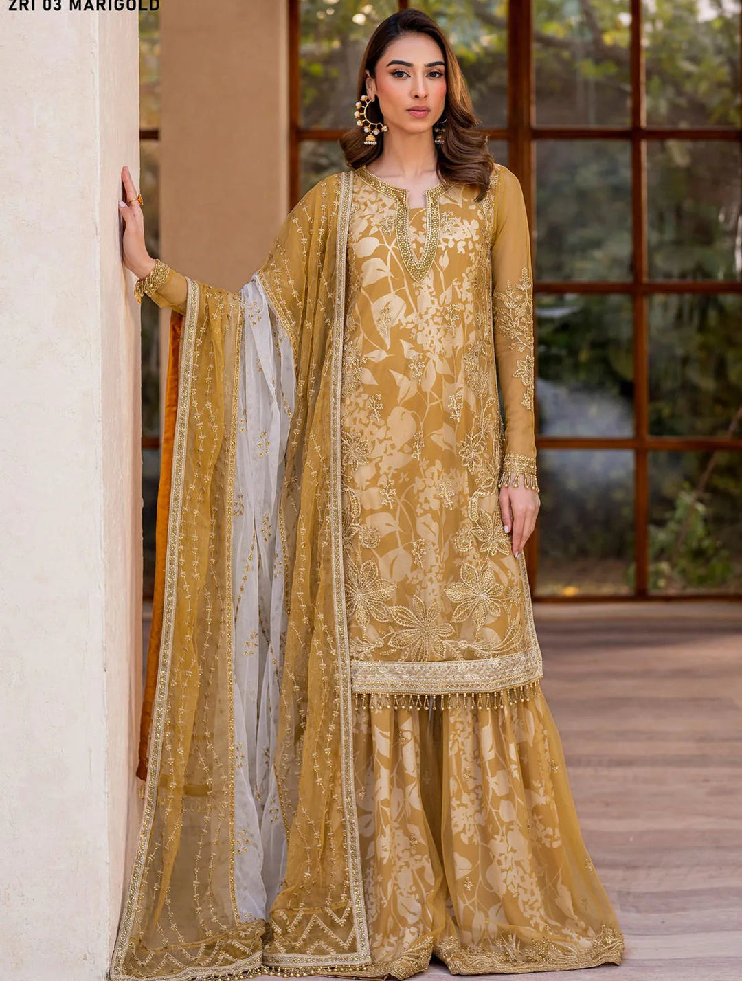 Iris by Zarif Embroidered Net Suits Unstitched 3 Piece ZR25UF ZRI 03 Marigold - Formal Collection