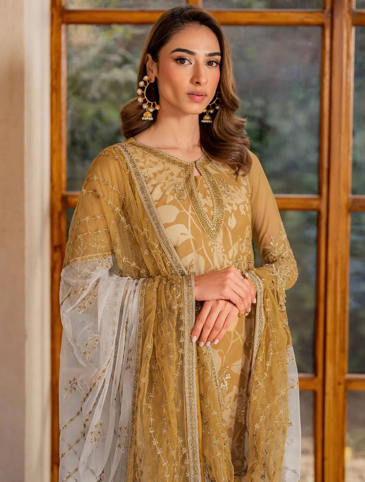 Iris by Zarif Embroidered Net Suits Unstitched 3 Piece ZR25UF ZRI 03 Marigold - Formal Collection