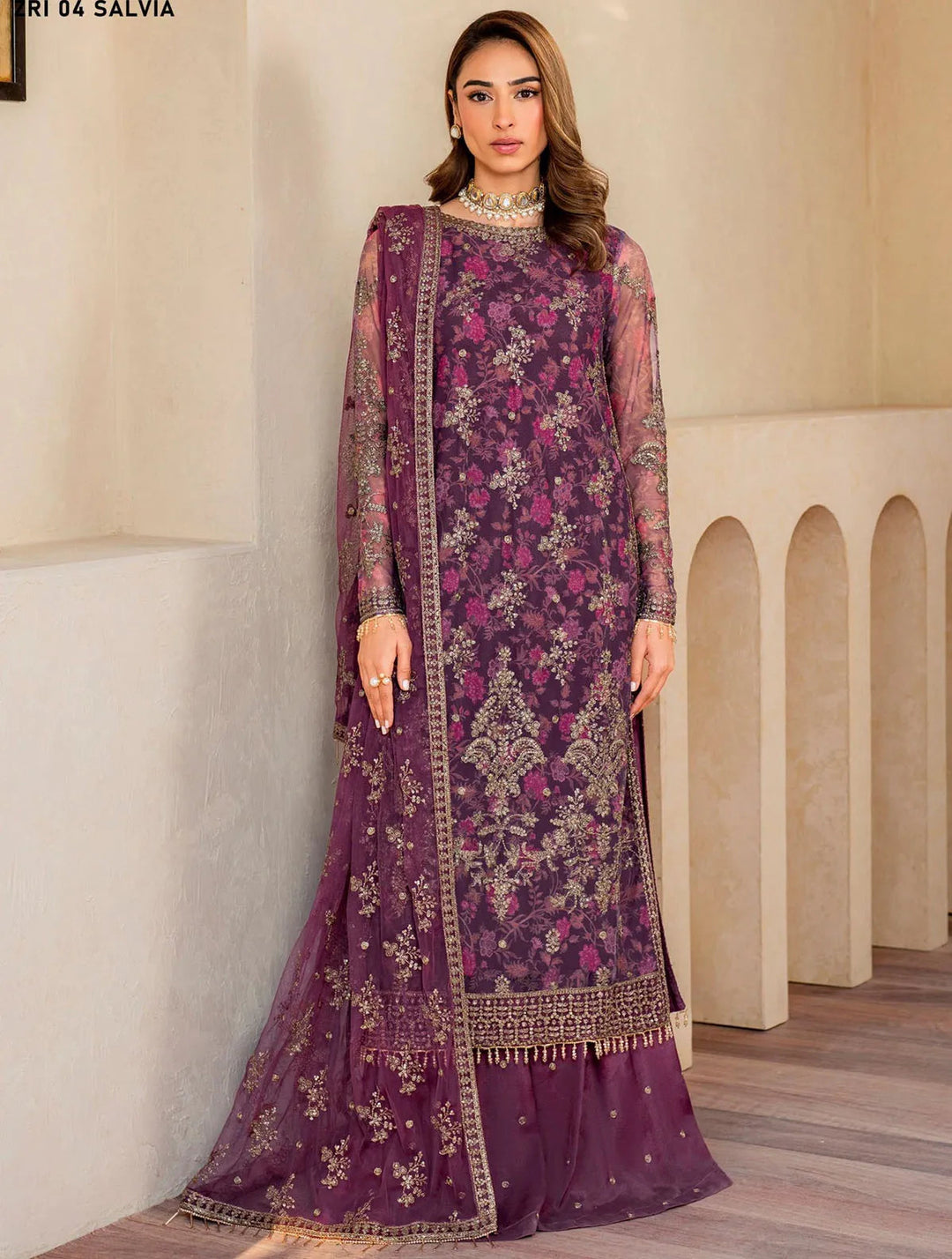 Iris by Zarif Embroidered Net Suits Unstitched 3 Piece ZR25UF ZRI 04 Salvia - Formal Collection