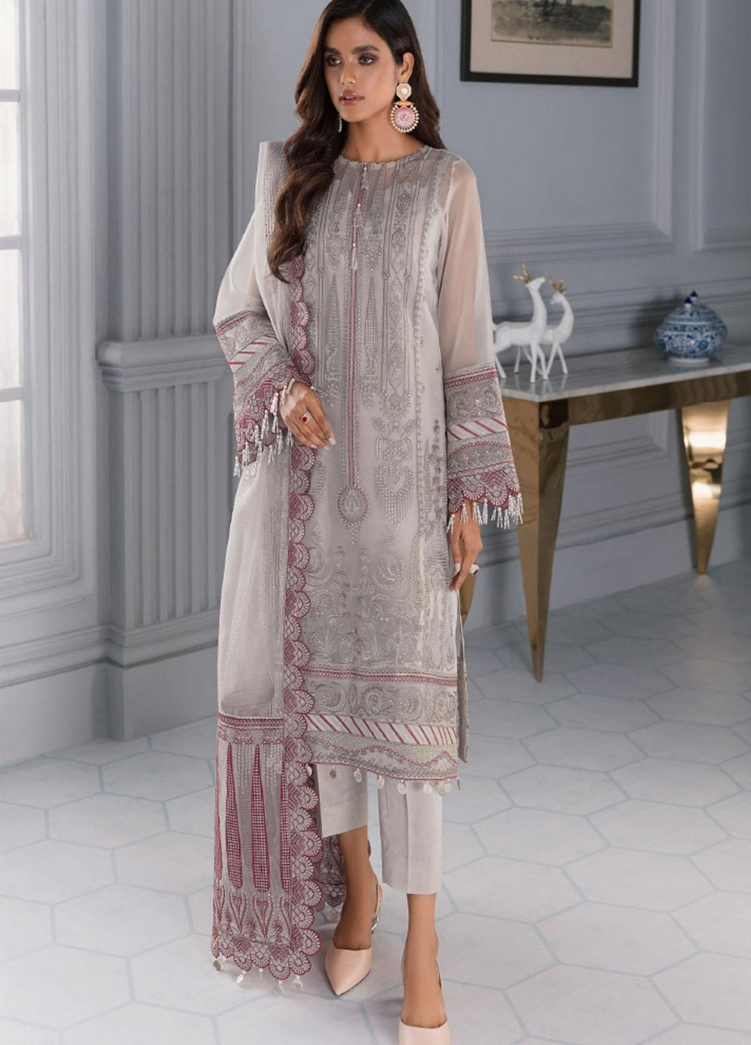 Iris by Jazmin Embroidered Organza Suits Unstitched 3 Piece JZ21IRL D-04 STEELA - Formals Collection