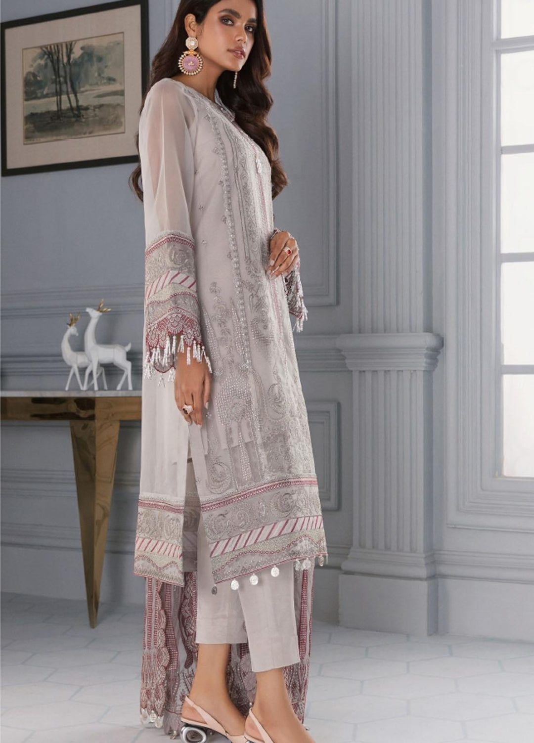 Iris by Jazmin Embroidered Organza Suits Unstitched 3 Piece JZ21IRL D-04 STEELA - Formals Collection