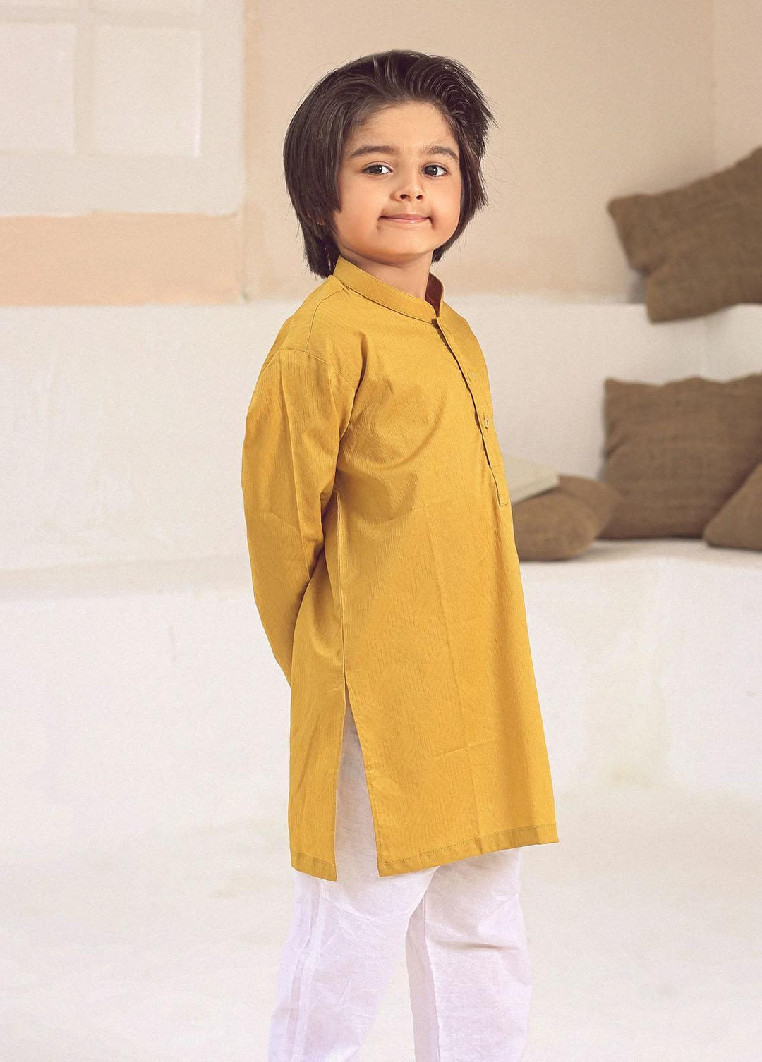Istor Jacquard Formal Kurta for Kids - Yellow IST-104