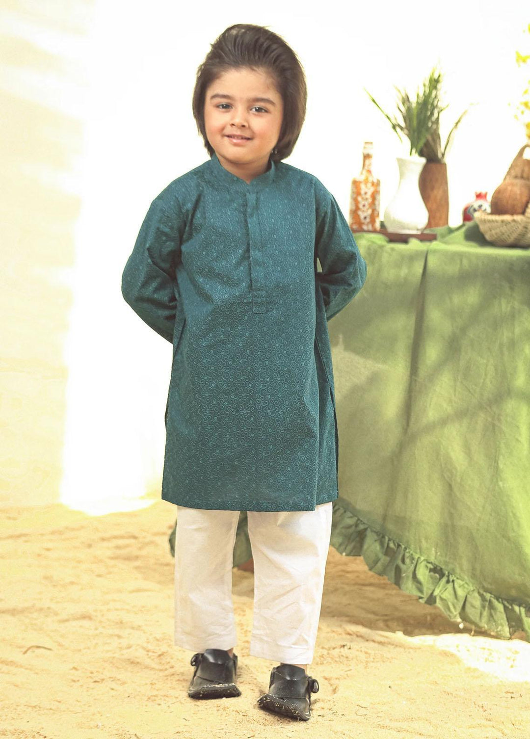 Istor Schiffli Formal Kurta for Kids - Green IST-98