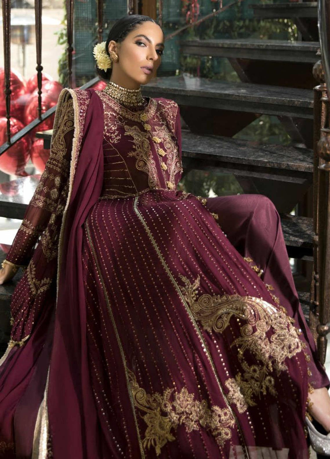 Ittehad Textiles Embroidered Chiffon Suits Unstitched 3 Piece IT21CH 05 WC-BORGUNDY SIENNA - Festive Collection