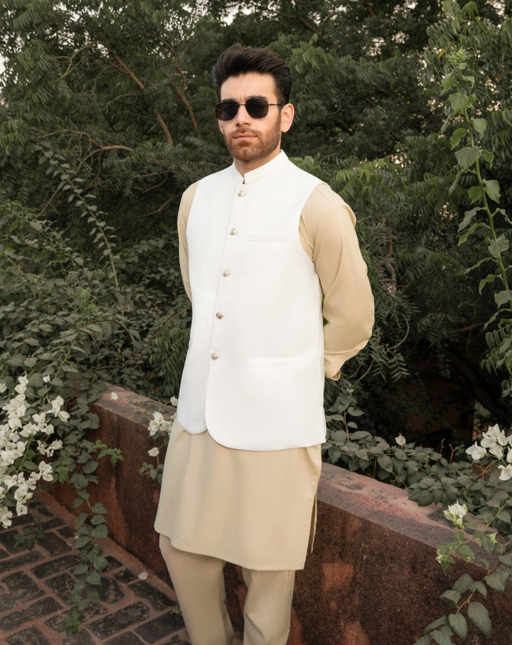 Muraqsh Ready To Wear Solids Cotton Men Ivory Kameez Shalwar with Off White Suiting Waistcoat Round Cut MUR-IW-KS - Summer Collection