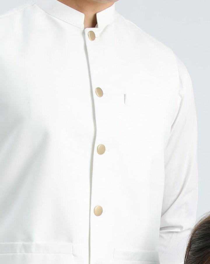 Muraqsh Ready To Wear Solids Cotton Men Ivory Kameez Shalwar with Off White Suiting Waistcoat Round Cut MUR-IW-KS - Summer Collection