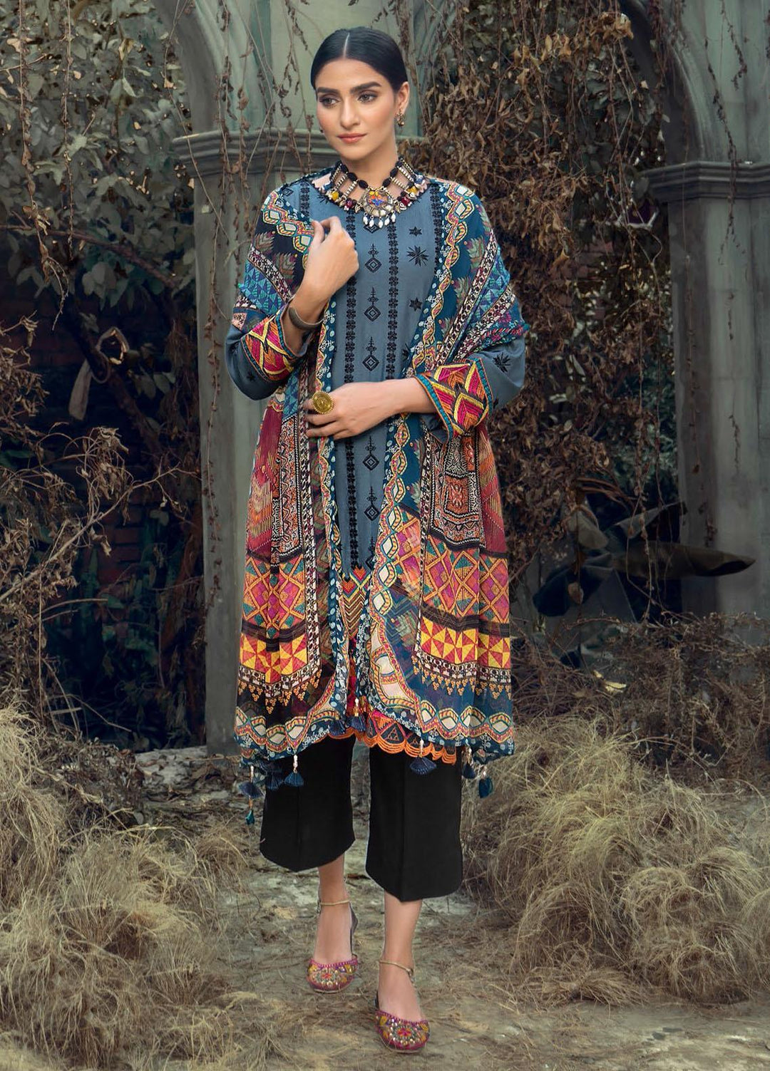 IZA-NUR by Resham Ghar Embroidered Dull Silk Suits Unstitched 3 Piece RG21IZN RGDS-05 - Festive Collection