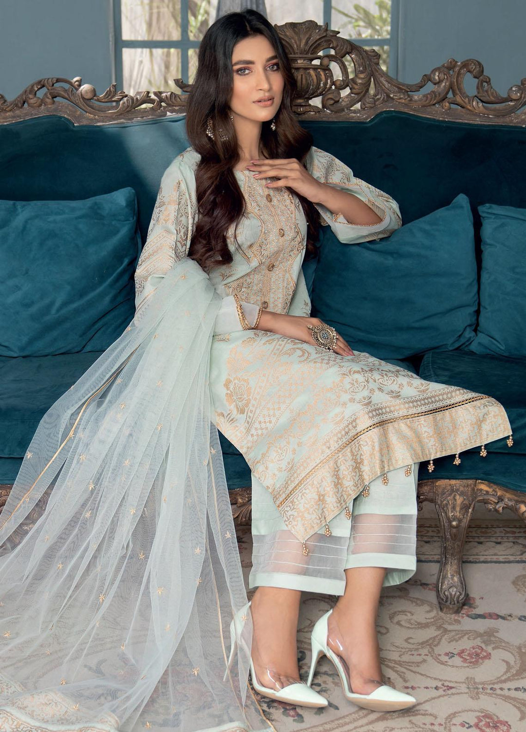 IZA-NUR by Resham Ghar Embroidered Jacquard Lawn Suits Unstitched 3 Piece RG22ZLE INLE-04 - Luxury Collection